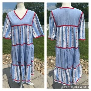 Vintage Blue Chambray Embroidered Tiered Hippie Boho Cottagecore Patio Dress
